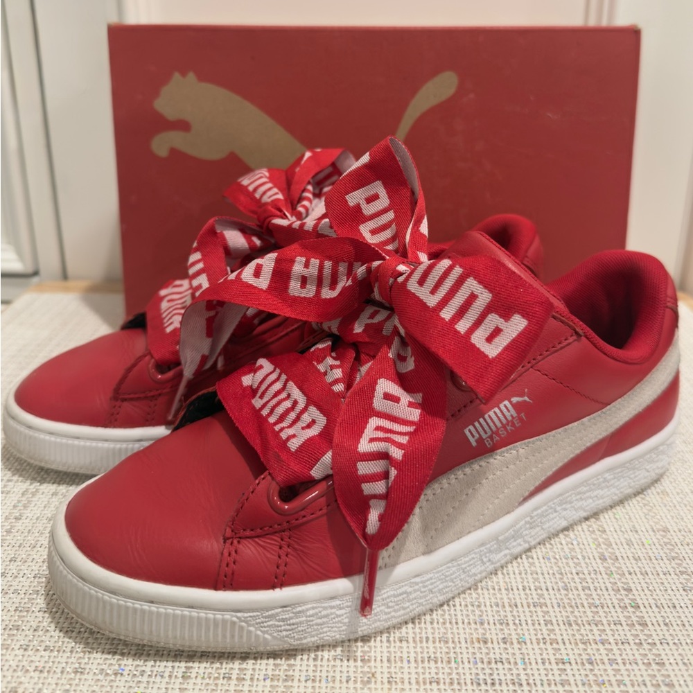 ❤️👟 SOLD - Puma Women’s Heart Basket DE Red Leather & White Sneakers